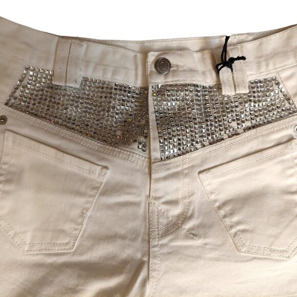 John Richmond RICH Rhinestone Studded Wide Leg White Denim Jeans Sz 42 - Picture 7 of 16